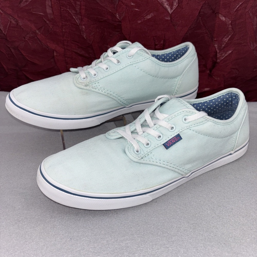 VANS Atwood Mint Green Canvas Sneakers Blue Polka Dot Insoles Women's 9.5 EUC
